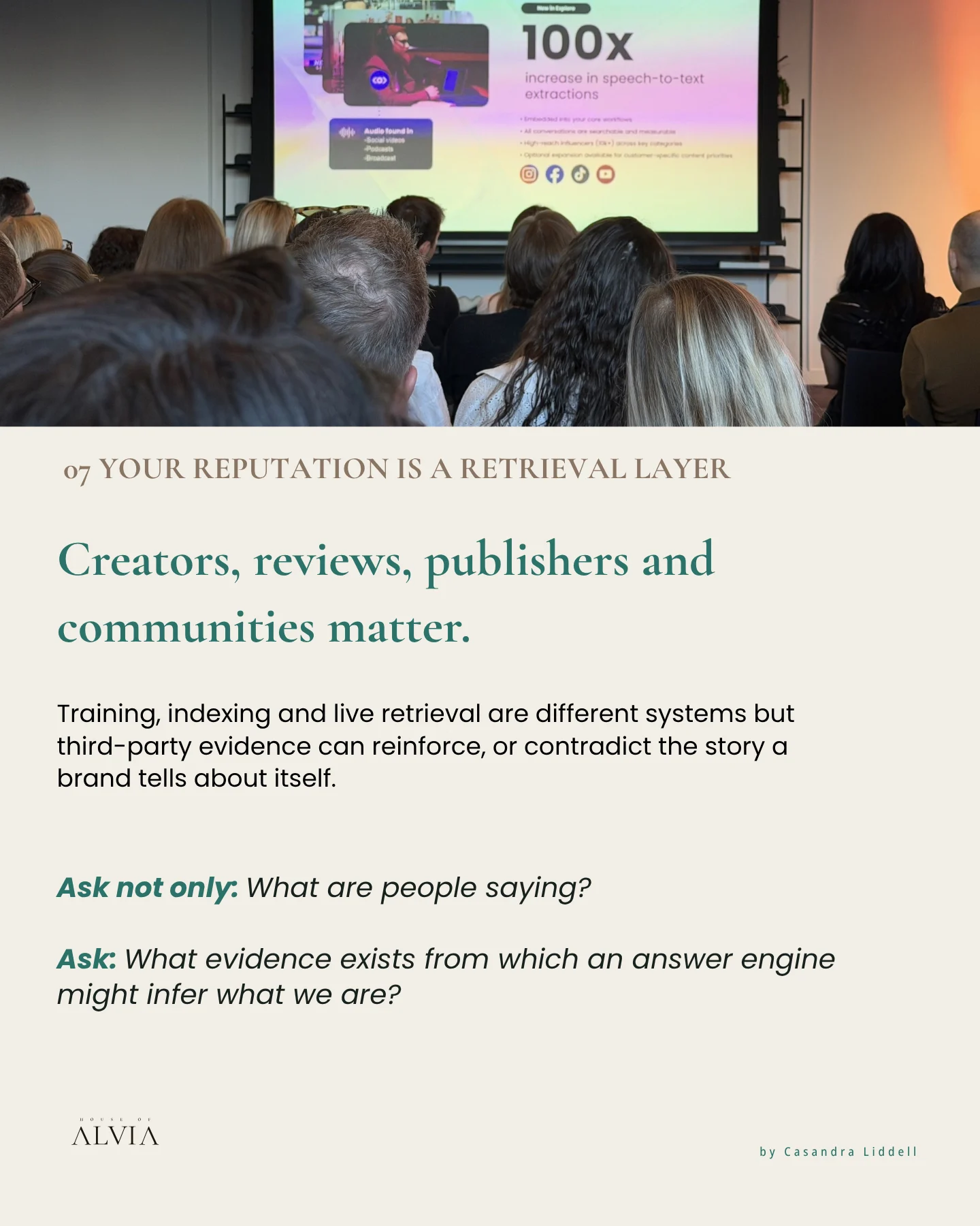 07 Your Reputation Is a Retrieval Layer. An audience watching a conference presentation, above the line: Creators, reviews, publishers and communities matter.