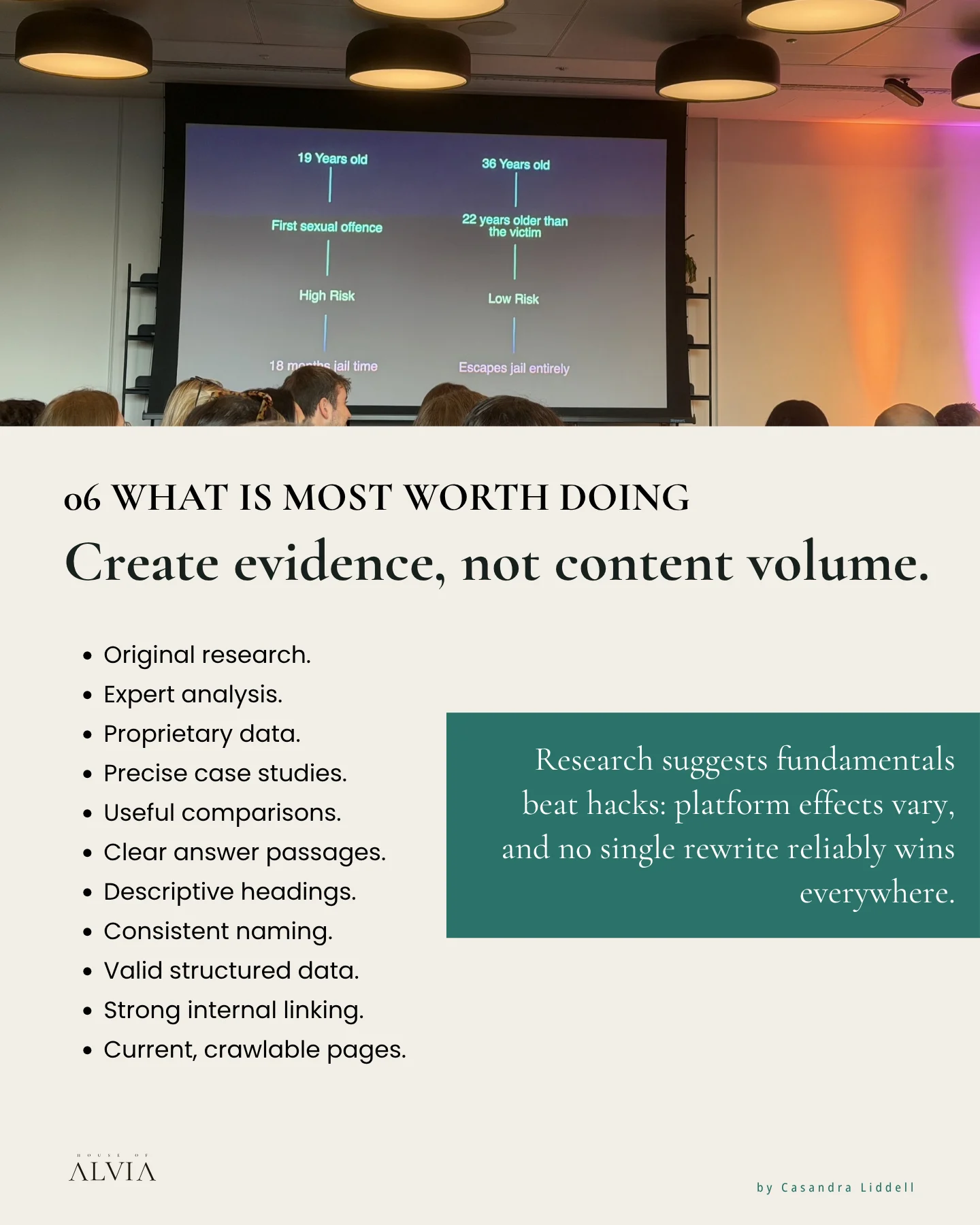06 What Is Most Worth Doing. A conference slide above the line: Create evidence, not content volume.